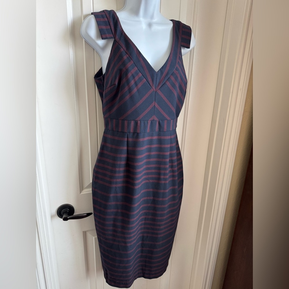 ASOS Navy/Burgundy Stripe Sheath Midi Dress with V-Neck for Cocktail, Size 6